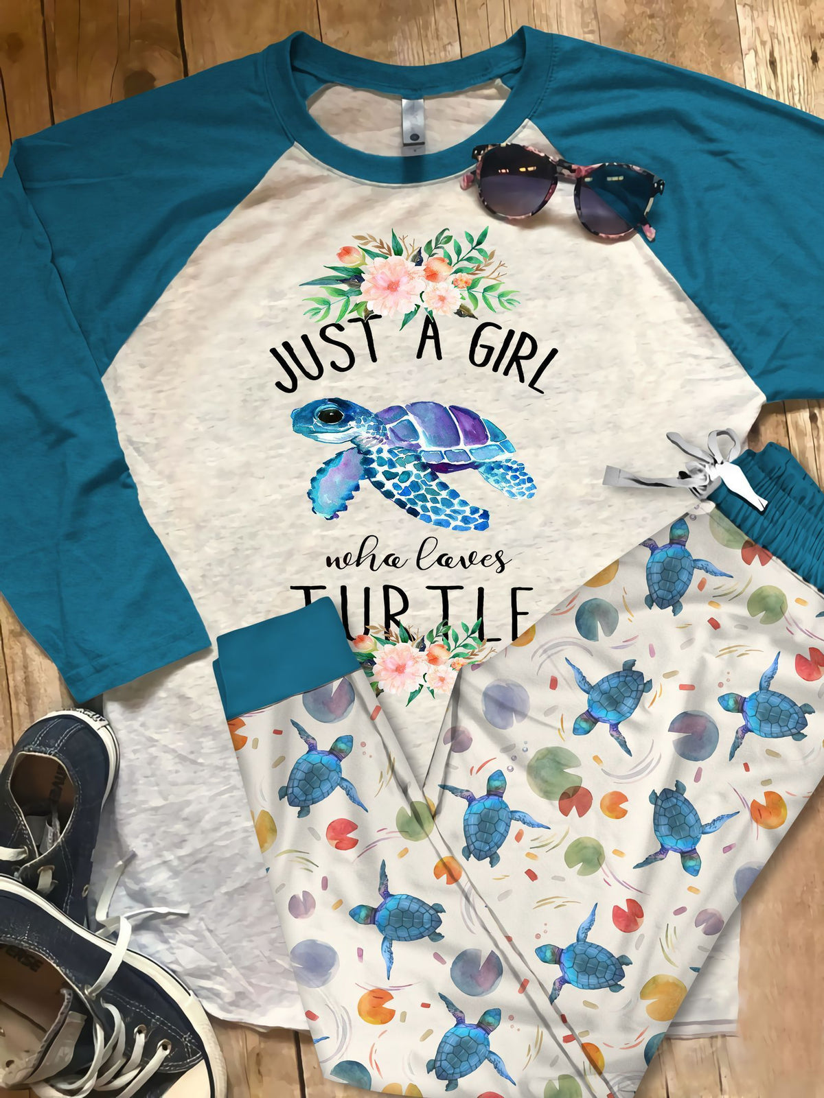 Sea Turtle Love Turtle Flower Pajama Set |Sleepwear Pjs Sets | Raglan Shirt Pants Set