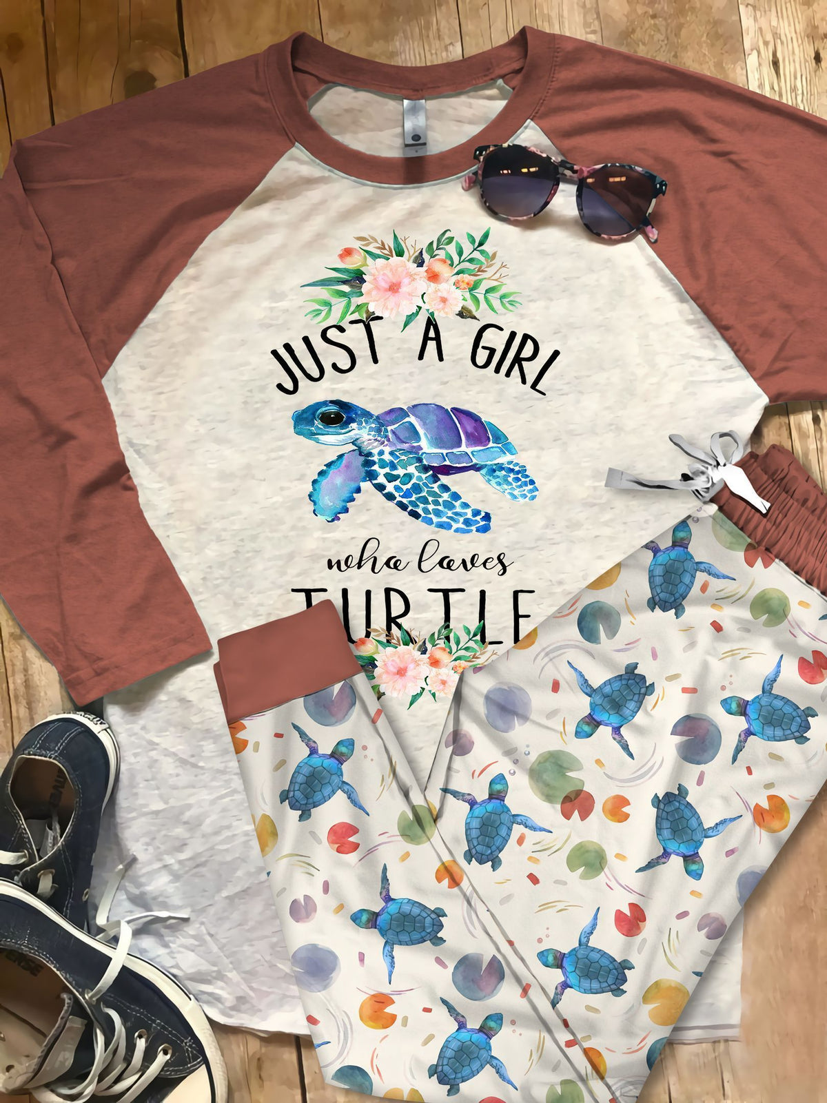 Sea Turtle Love Turtle Flower Pajama Set |Sleepwear Pjs Sets | Raglan Shirt Pants Set