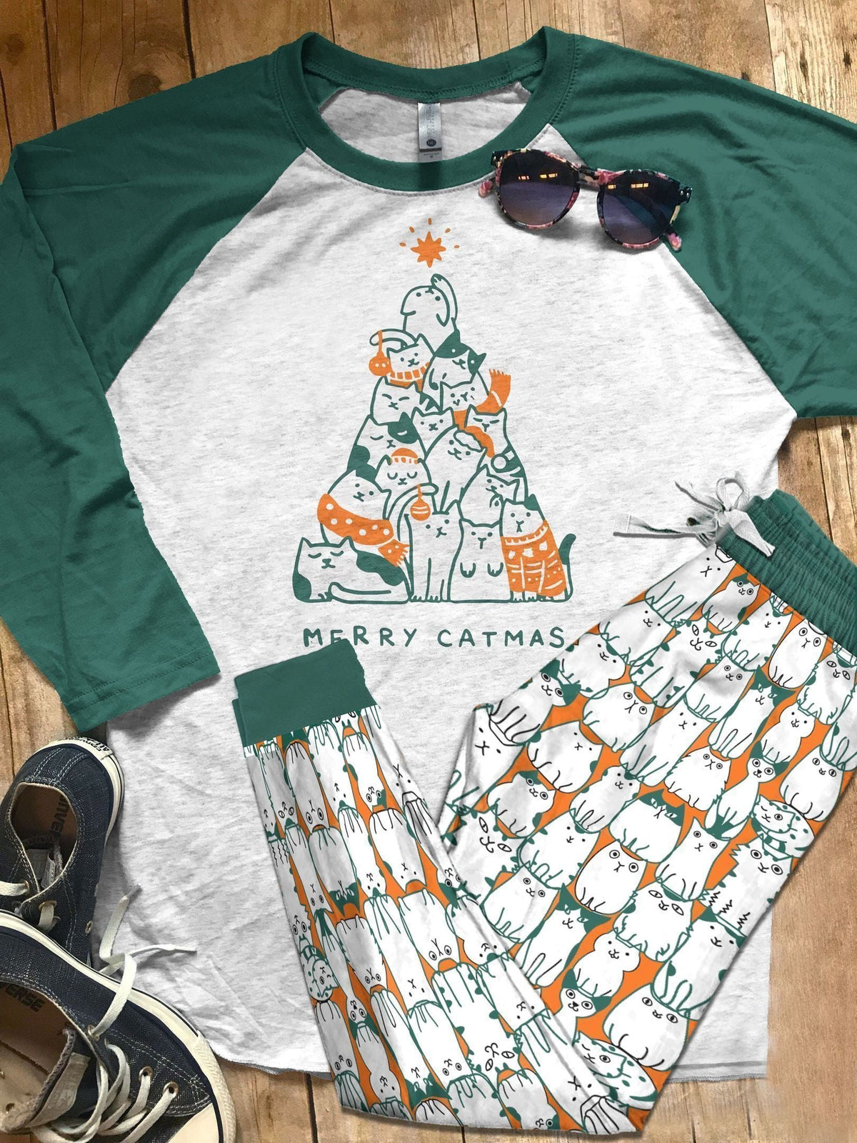 Cat Merry Catmas Teal Nice Pajama Set |Sleepwear Pjs Sets | Raglan Shirt Pants Set