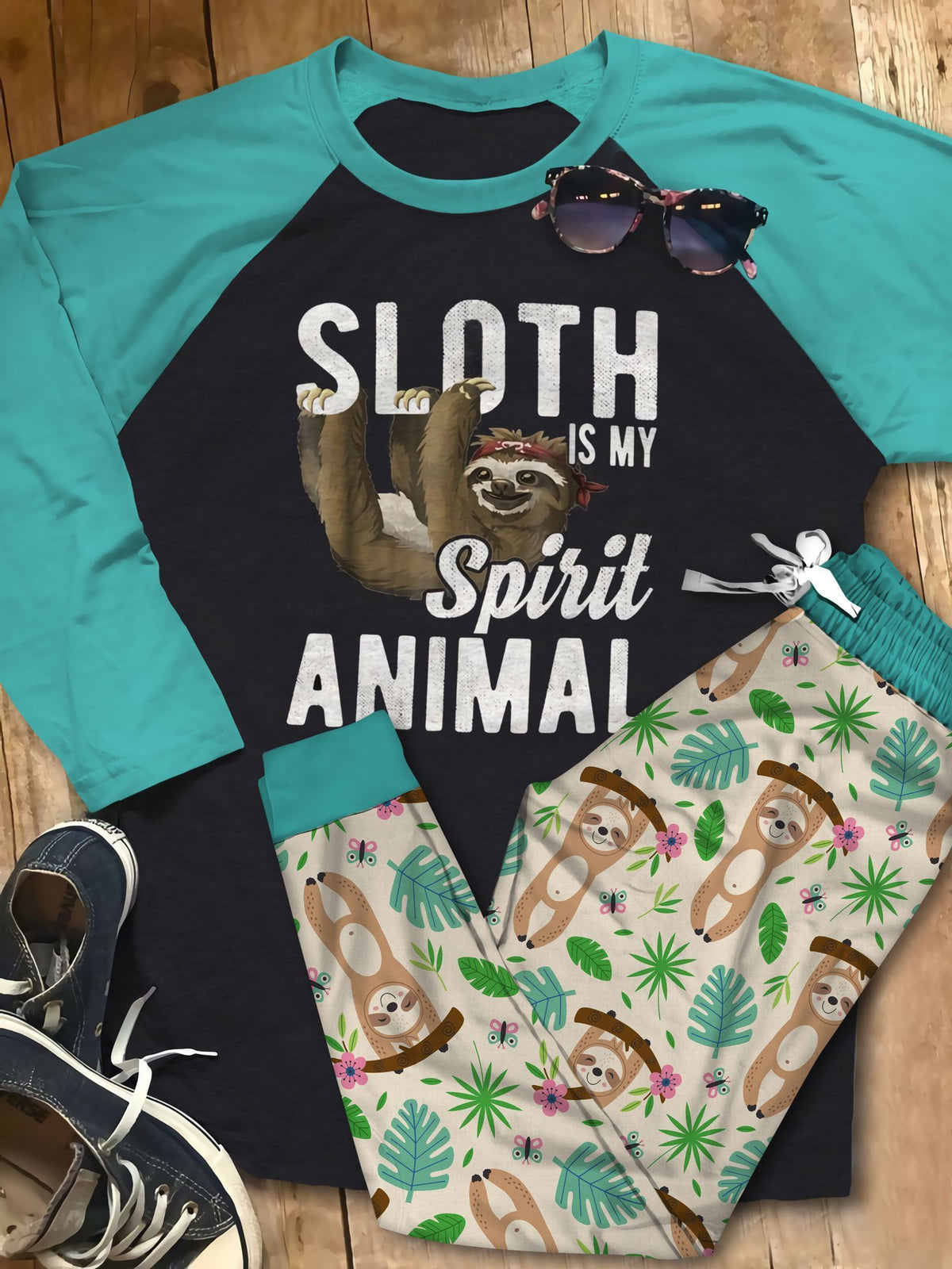 Sloth Sleep Never End Pajama Set |Sleepwear Pjs Sets | Raglan Shirt Pants Set