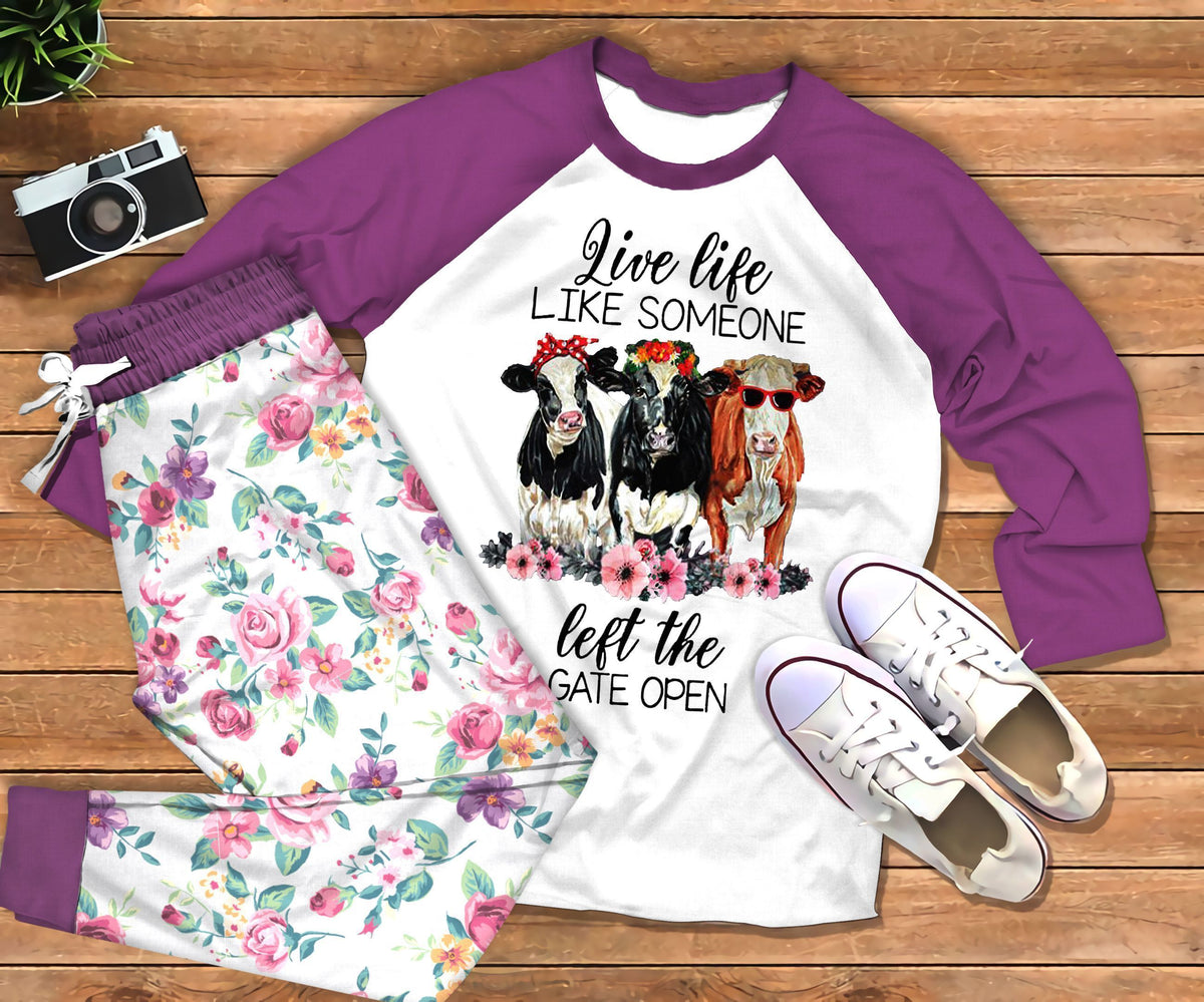 Cow If I Like Someone Purple Awesome Pajama Set |Sleepwear Pjs Sets | Raglan Shirt Pants Set