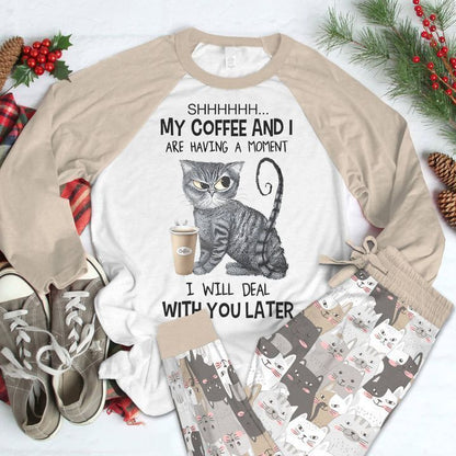 Cat Deal With You Later Cream Nice Pajama Set |Sleepwear Pjs Sets | Raglan Shirt Pants Set