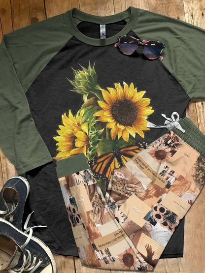 Sunflower Hello Sunshine Pajama Set |Sleepwear Pjs Sets | Raglan Shirt Pants Set