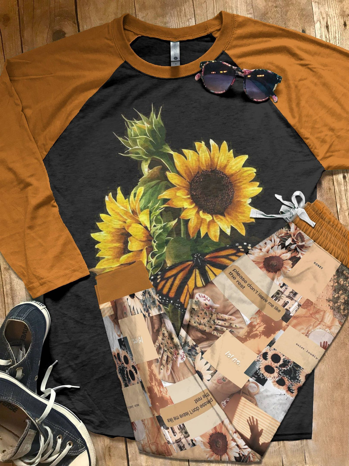 Sunflower Hello Sunshine Pajama Set |Sleepwear Pjs Sets | Raglan Shirt Pants Set