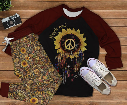 Hippie Sunflower Peace Wk Pajama Set |Sleepwear Pjs Sets | Raglan Shirt Pants Set