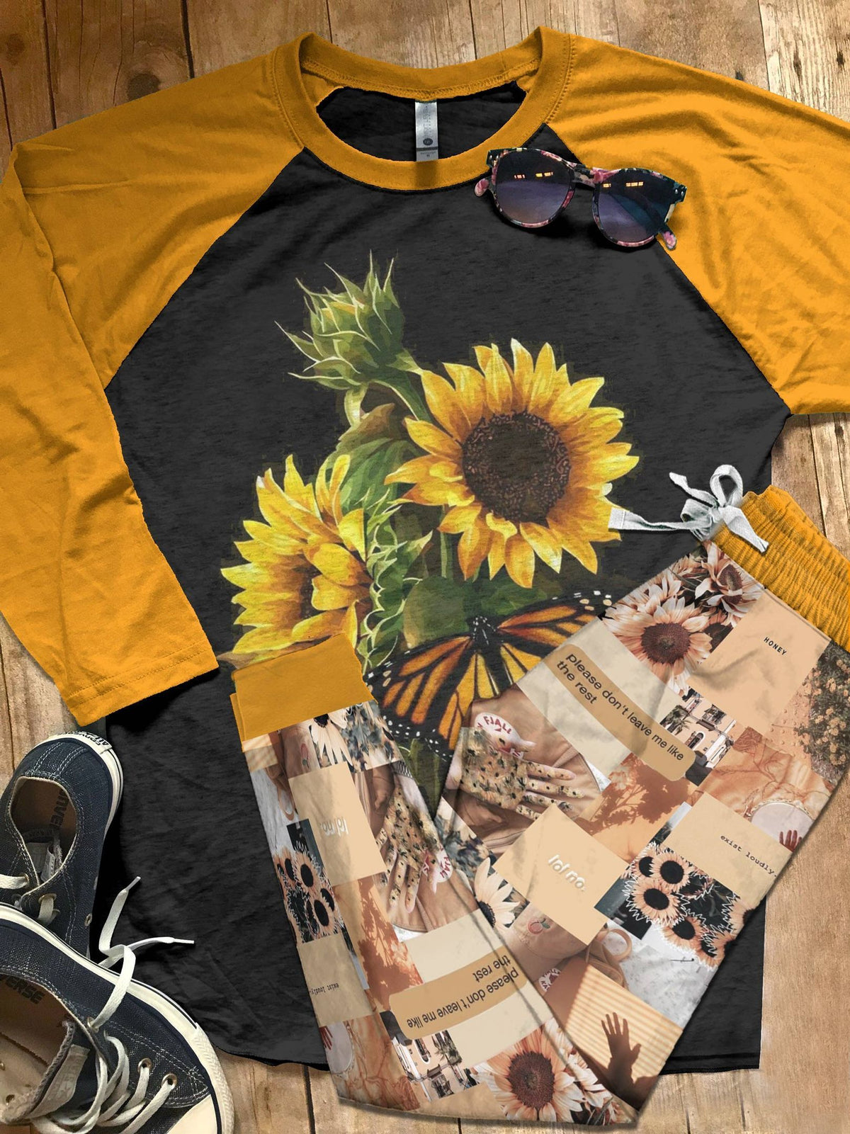 Sunflower Hello Sunshine Pajama Set |Sleepwear Pjs Sets | Raglan Shirt Pants Set