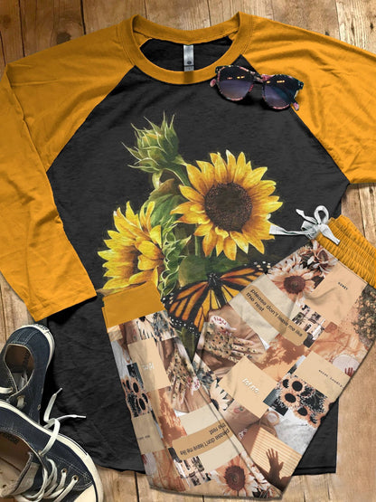 Sunflower Hello Sunshine Pajama Set |Sleepwear Pjs Sets | Raglan Shirt Pants Set