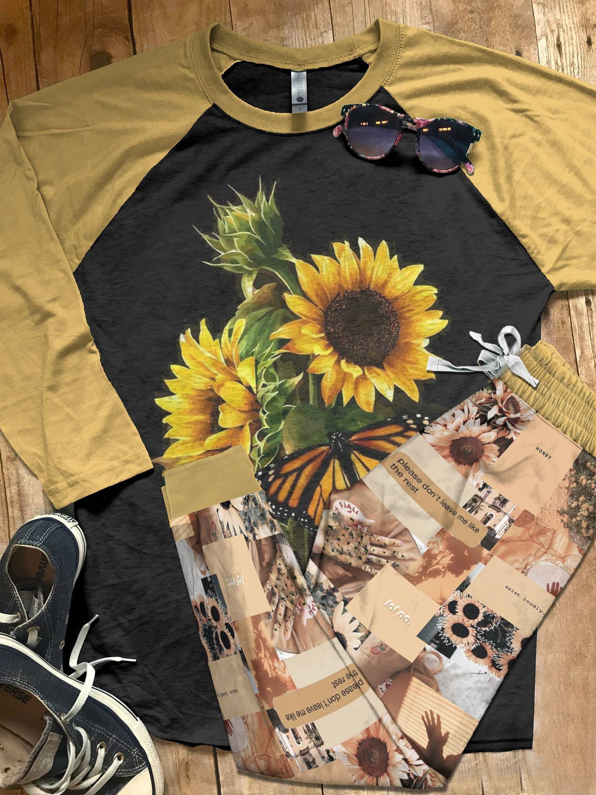 Sunflower Hello Sunshine Pajama Set |Sleepwear Pjs Sets | Raglan Shirt Pants Set