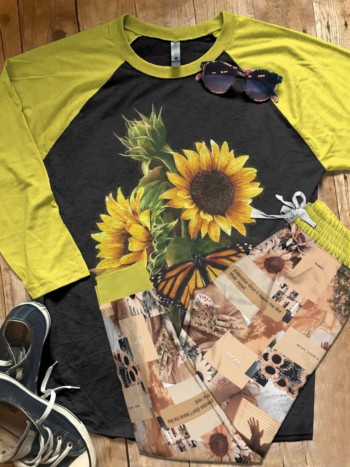 Sunflower Hello Sunshine Pajama Set |Sleepwear Pjs Sets | Raglan Shirt Pants Set