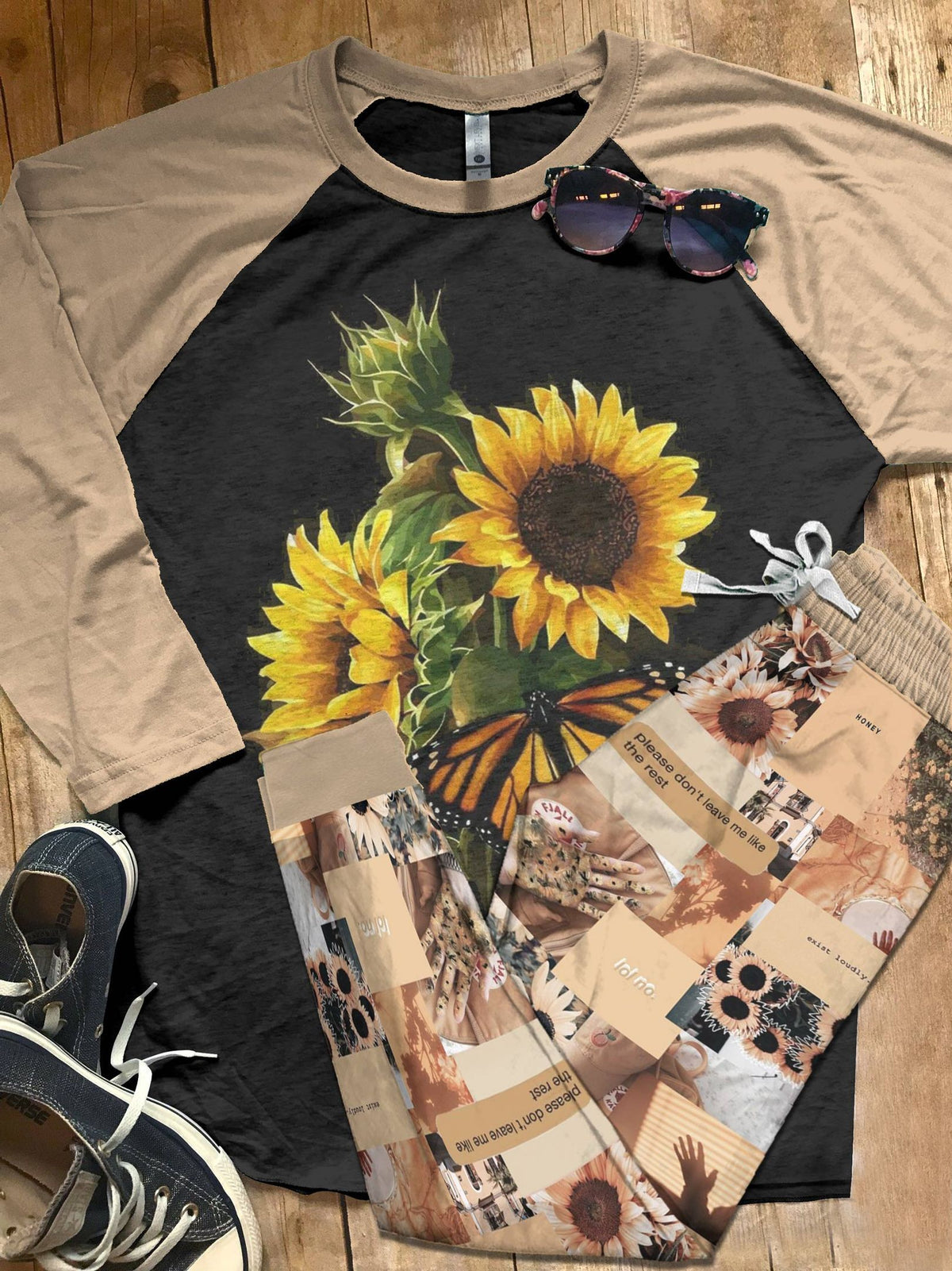Sunflower Hello Sunshine Pajama Set |Sleepwear Pjs Sets | Raglan Shirt Pants Set