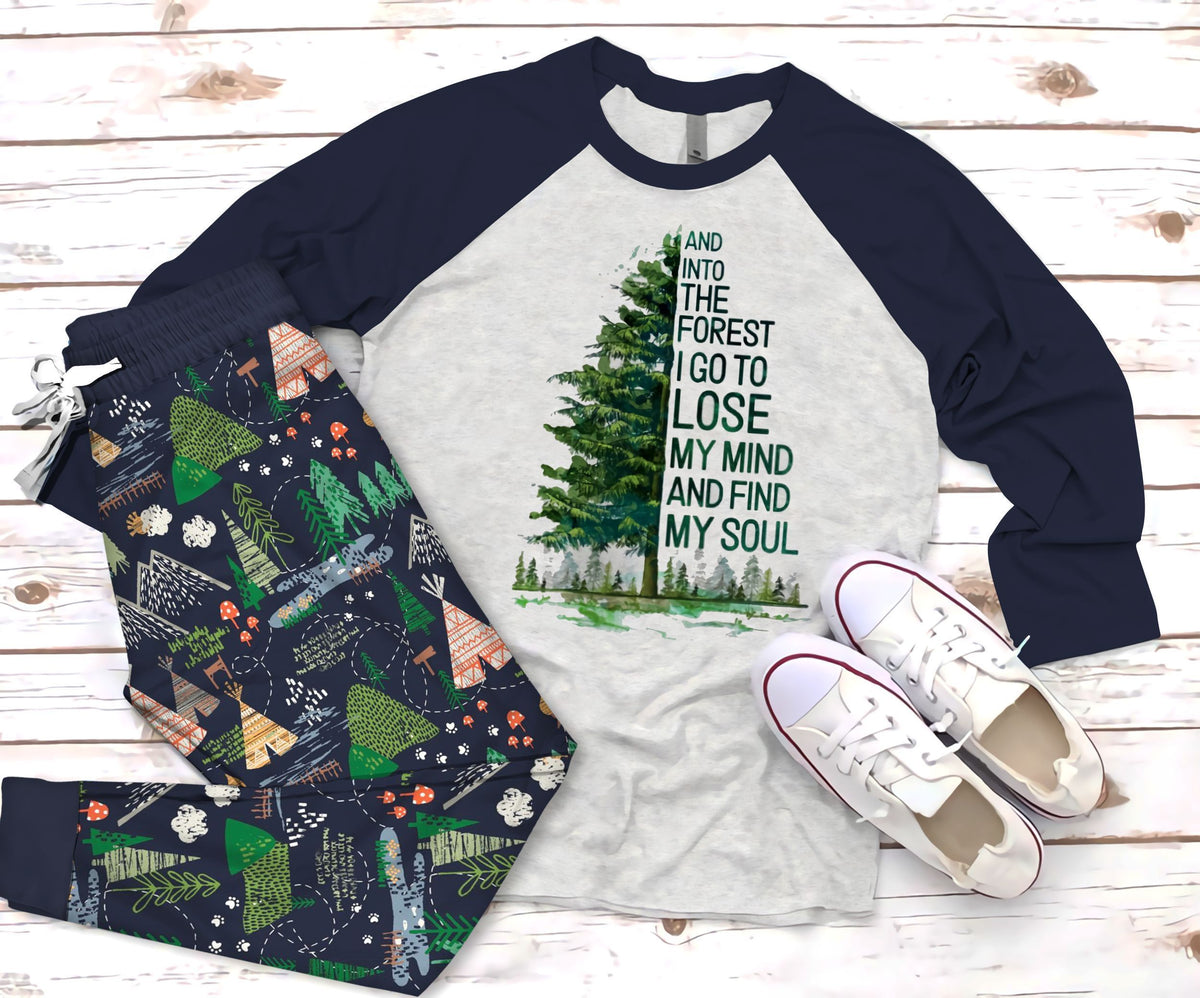 Camping Lose My Mind Find My Soul Pajama Set |Sleepwear Pjs Sets | Raglan Shirt Pants Set