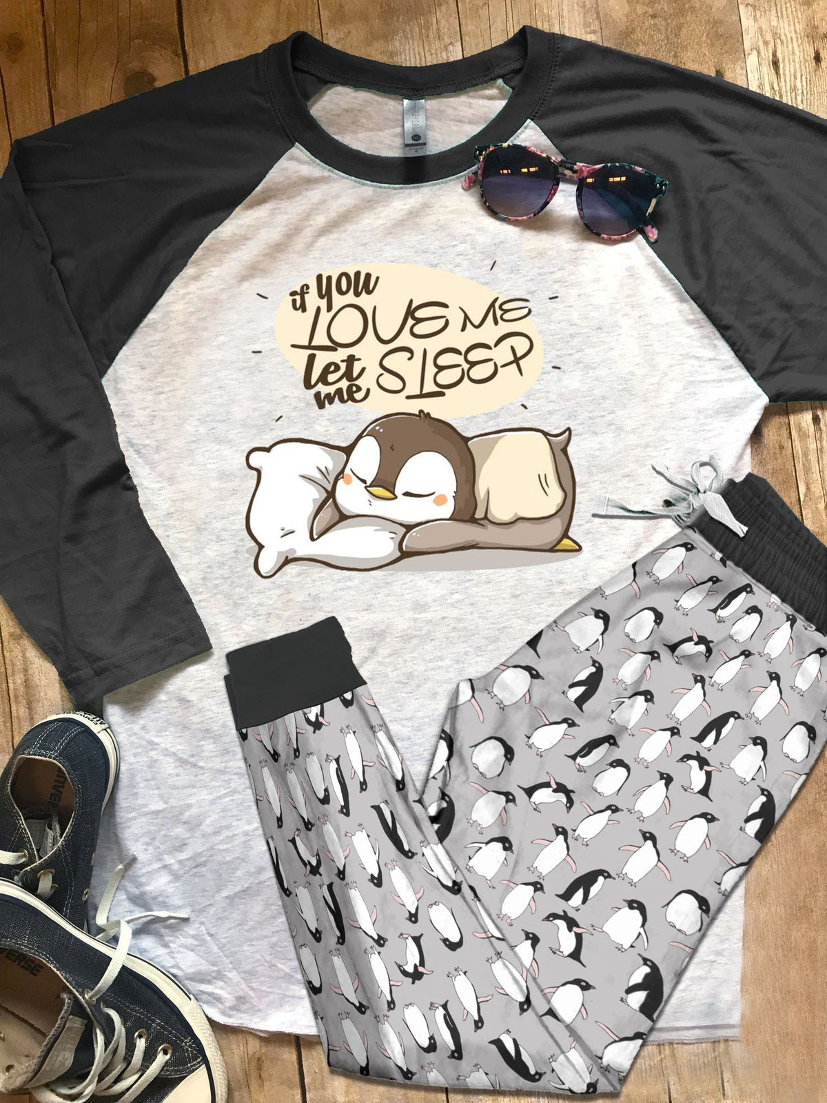 Penguin Grey High Quality Pajama Set |Sleepwear Pjs Sets | Raglan Shirt Pants Set
