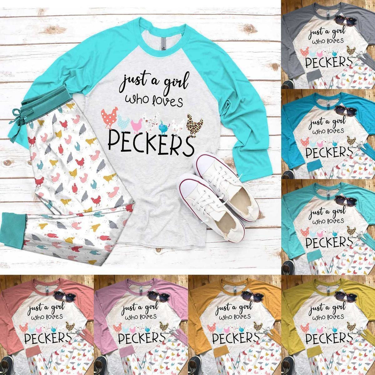 Chicken Girl Loves Peckers Pajama Set |Sleepwear Pjs Sets | Raglan Shirt Pants Set