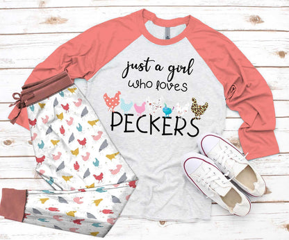 Chicken Girl Loves Peckers Pajama Set |Sleepwear Pjs Sets | Raglan Shirt Pants Set