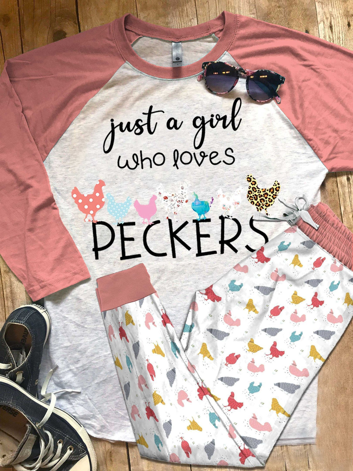 Chicken Girl Loves Peckers Pajama Set |Sleepwear Pjs Sets | Raglan Shirt Pants Set