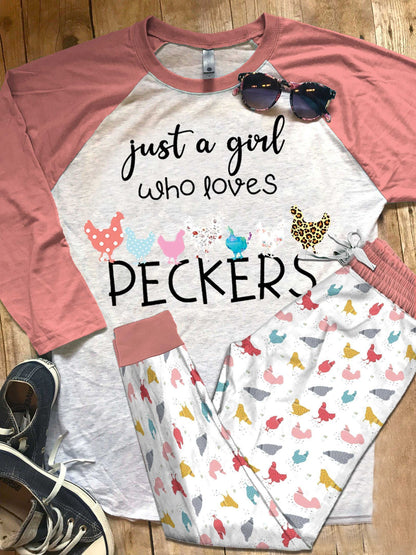 Chicken Girl Loves Peckers Pajama Set |Sleepwear Pjs Sets | Raglan Shirt Pants Set