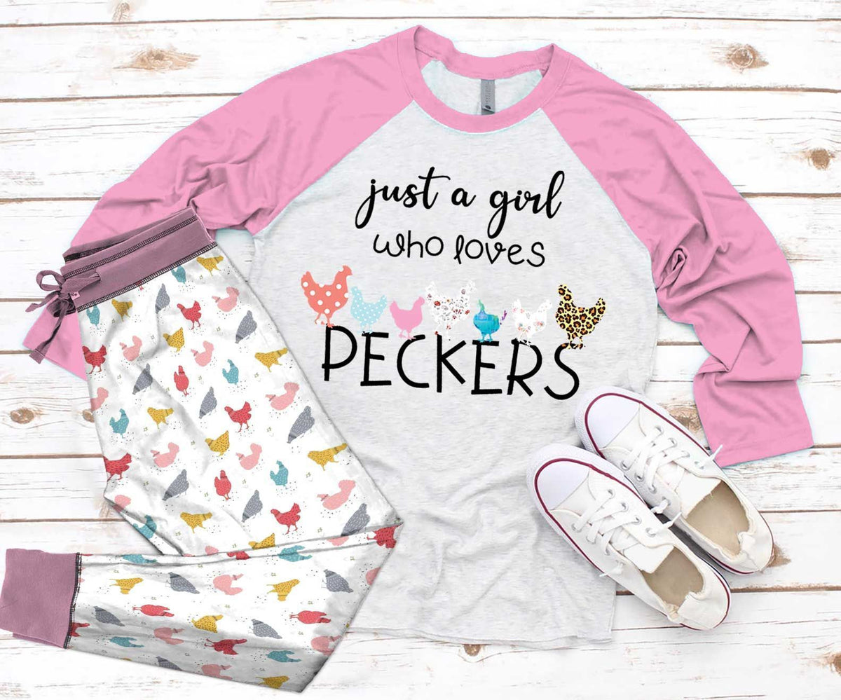 Chicken Girl Loves Peckers Pajama Set |Sleepwear Pjs Sets | Raglan Shirt Pants Set
