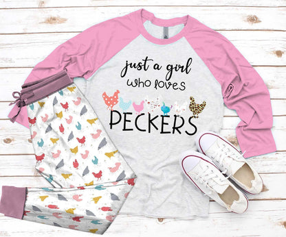 Chicken Girl Loves Peckers Pajama Set |Sleepwear Pjs Sets | Raglan Shirt Pants Set