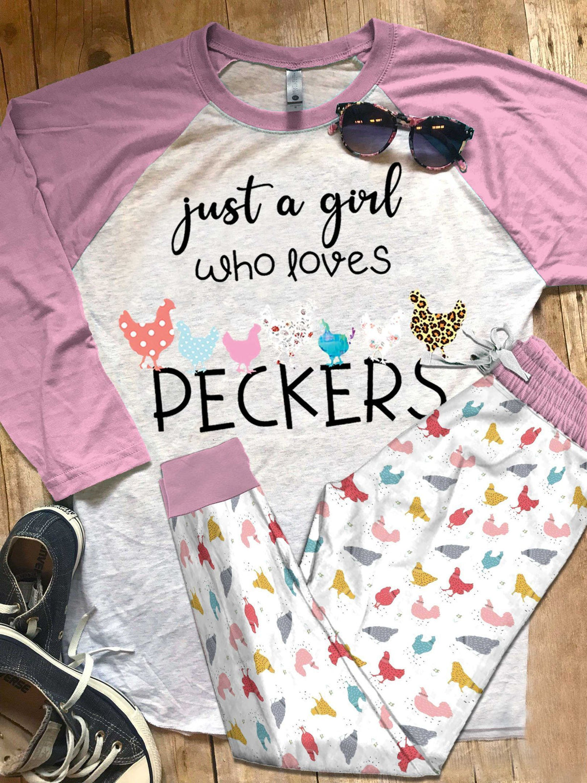 Chicken Girl Loves Peckers Pajama Set |Sleepwear Pjs Sets | Raglan Shirt Pants Set