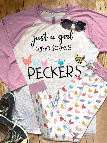 Chicken Girl Loves Peckers Pajama Set |Sleepwear Pjs Sets | Raglan Shirt Pants Set