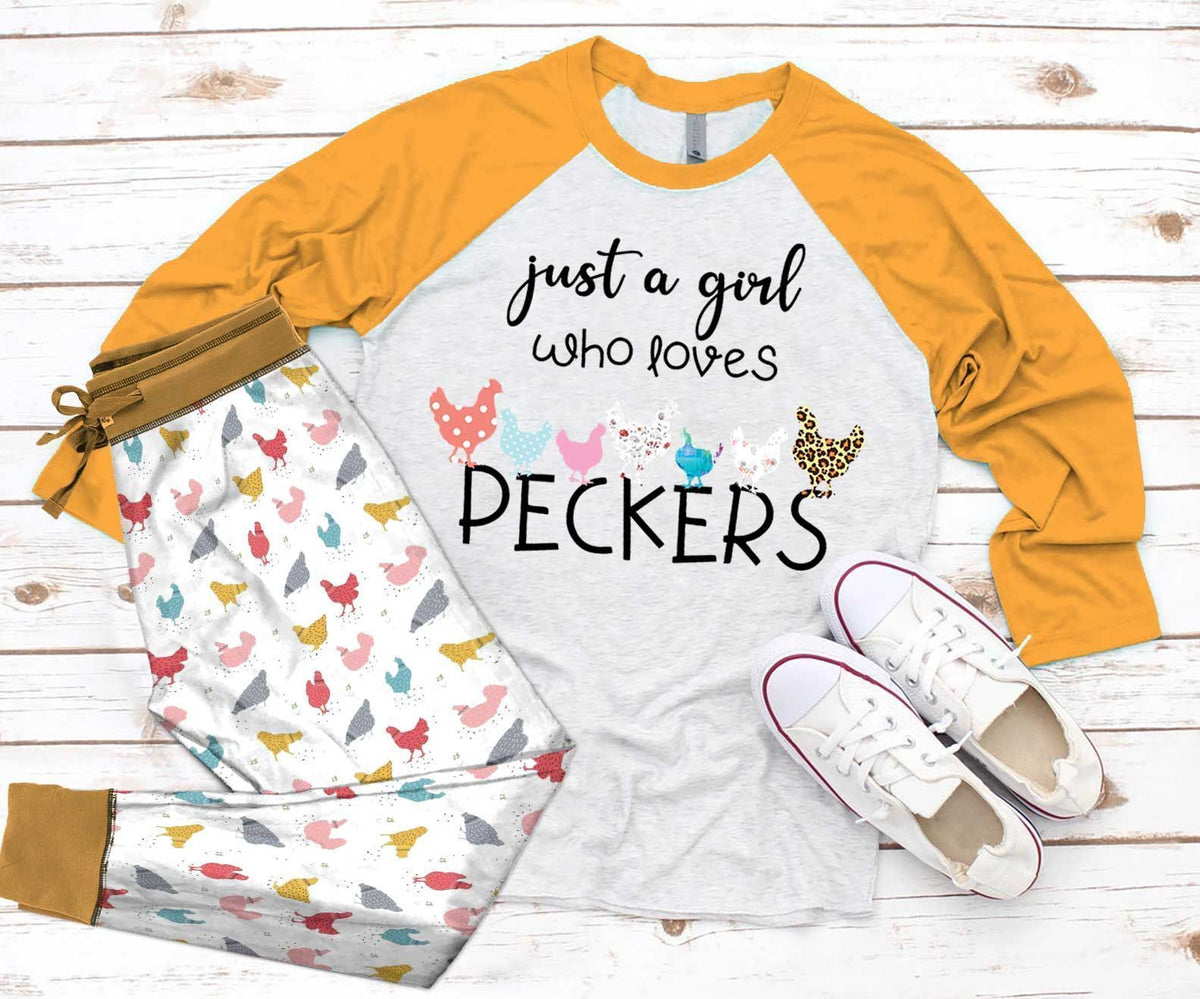 Chicken Girl Loves Peckers Pajama Set |Sleepwear Pjs Sets | Raglan Shirt Pants Set