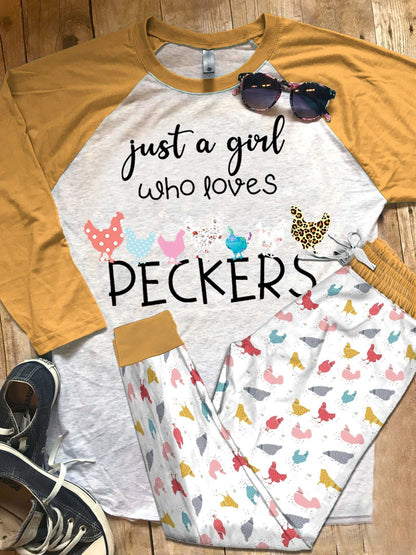 Chicken Girl Loves Peckers Pajama Set |Sleepwear Pjs Sets | Raglan Shirt Pants Set