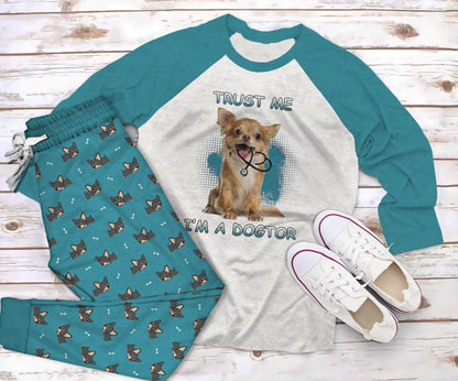 Chihuahua I M A Dogtor Blue Amazing Pajama Set |Sleepwear Pjs Sets | Raglan Shirt Pants Set