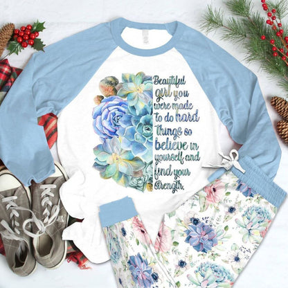 Succulent Beautiful Girl Blue Best Pajama Set |Sleepwear Pjs Sets | Raglan Shirt Pants Set