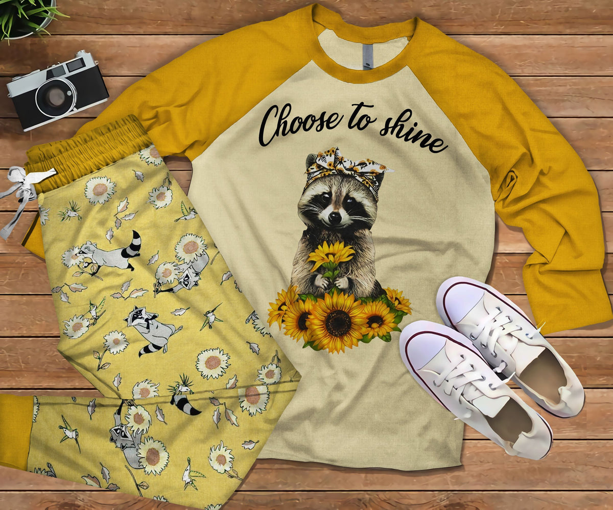 Raccoon Sunflower Pajama Set |Sleepwear Pjs Sets | Raglan Shirt Pants Set