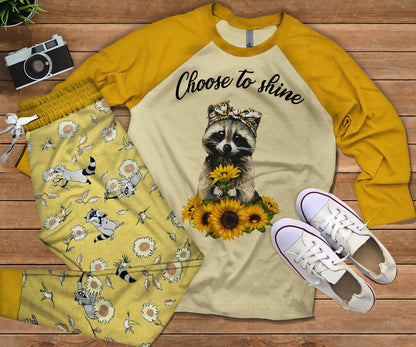 Raccoon Sunflower Pajama Set |Sleepwear Pjs Sets | Raglan Shirt Pants Set