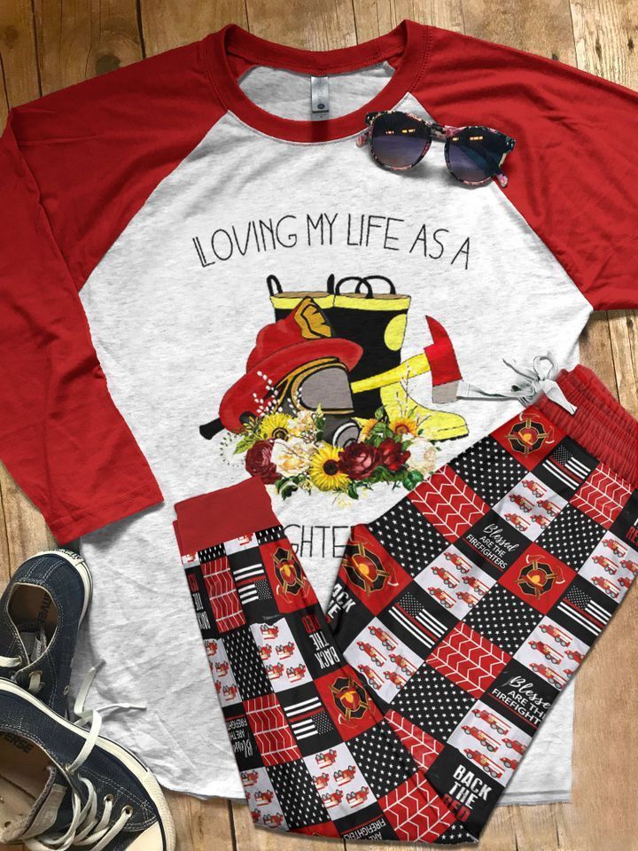 Firefighter Last Out Pajama Set |Sleepwear Pjs Sets | Raglan Shirt Pants Set