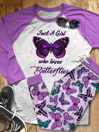 Butterfly Love Butterflies Colors Purple Amazing Pajama Set |Sleepwear Pjs Sets | Raglan Shirt Pants Set