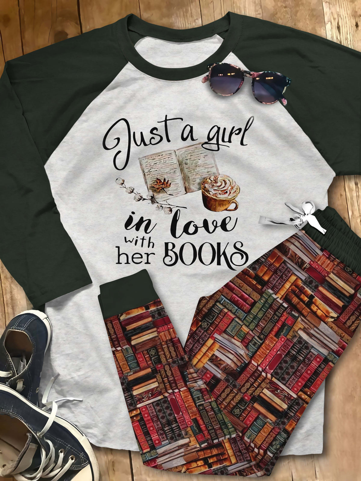 Reading Book Girl Loves Books Brown High Quality Pajama Set |Sleepwear Pjs Sets | Raglan Shirt Pants Set