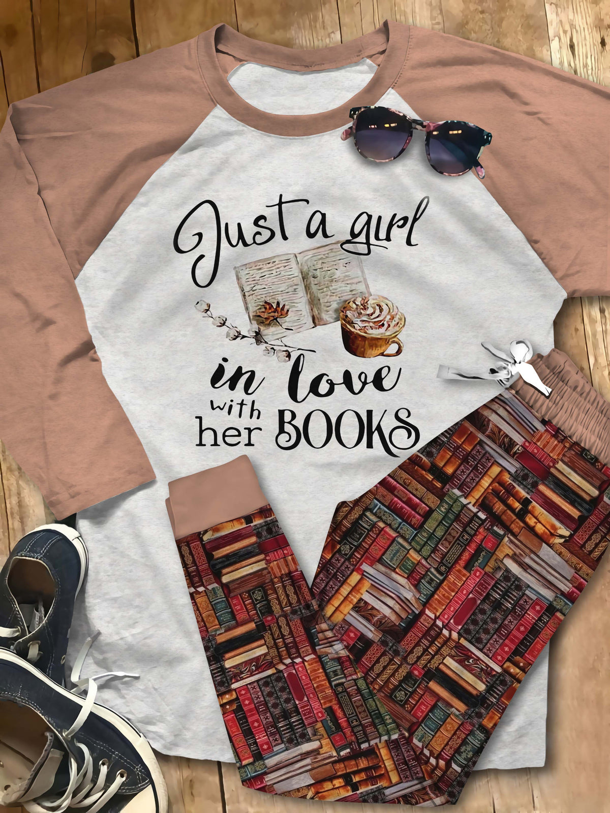 Reading Book Girl Loves Books Brown High Quality Pajama Set |Sleepwear Pjs Sets | Raglan Shirt Pants Set
