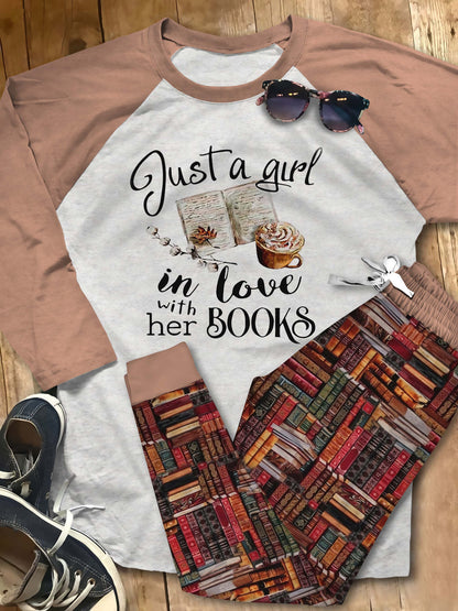 Reading Book Girl Loves Books Brown High Quality Pajama Set |Sleepwear Pjs Sets | Raglan Shirt Pants Set