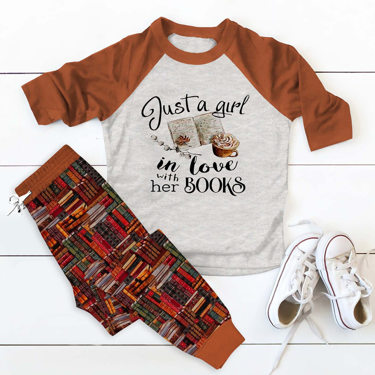 Reading Book Girl Loves Books Brown High Quality Pajama Set |Sleepwear Pjs Sets | Raglan Shirt Pants Set