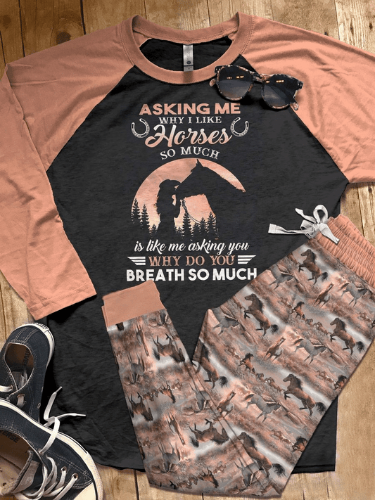 Horse Asking Me Orange Nice Pajama Set |Sleepwear Pjs Sets | Raglan Shirt Pants Set