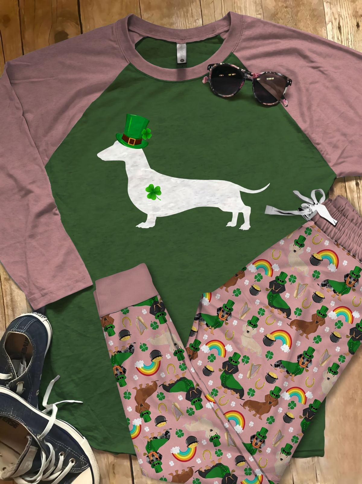 Dachshund Happy Patrick S Day Green High Quality Pajama Set |Sleepwear Pjs Sets | Raglan Shirt Pants Set