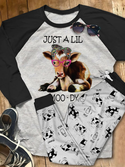 Cow Lil Moody Pajama Set |Sleepwear Pjs Sets | Raglan Shirt Pants Set