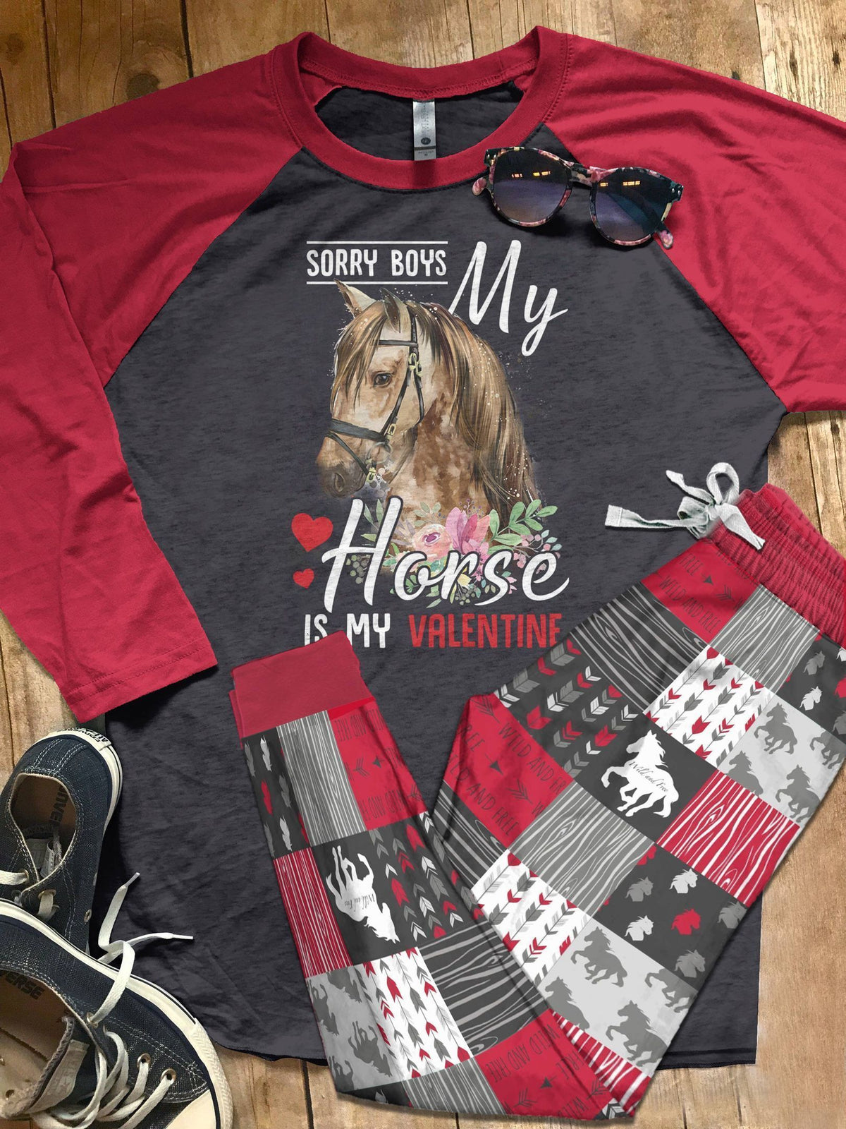 Horse Set My Horse Is My Valentine Pink Amazing Pajama Set |Sleepwear Pjs Sets | Raglan Shirt Pants Set