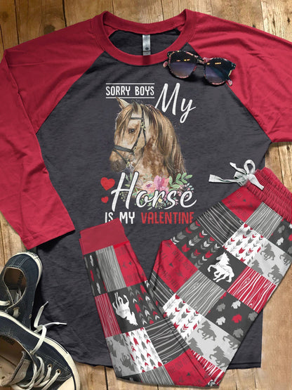 Horse Set My Horse Is My Valentine Pink Amazing Pajama Set |Sleepwear Pjs Sets | Raglan Shirt Pants Set