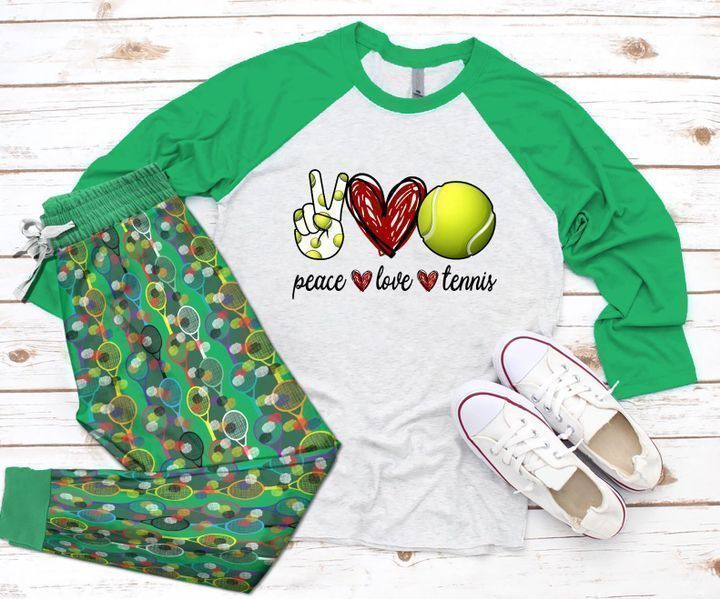 Tennis Peace Love Tennis Green Unique Pajama Set |Sleepwear Pjs Sets | Raglan Shirt Pants Set