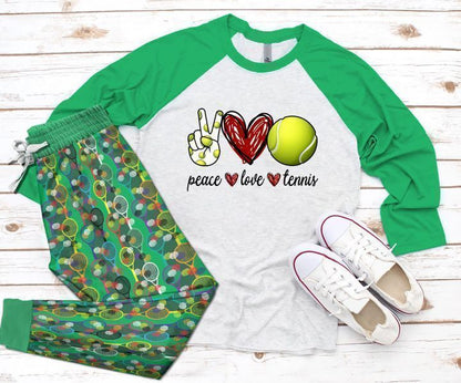 Tennis Peace Love Tennis Green Unique Pajama Set |Sleepwear Pjs Sets | Raglan Shirt Pants Set
