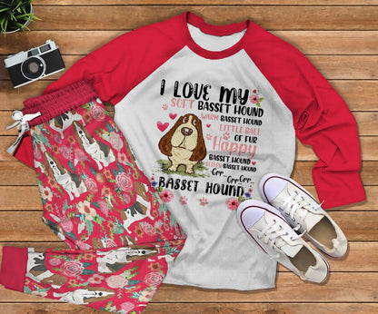 Basset Hound Little Happy Red Awesome Pajama Set |Sleepwear Pjs Sets | Raglan Shirt Pants Set
