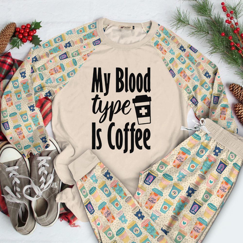 Coffee Set Blood Type Pajama Set |Sleepwear Pjs Sets | Raglan Shirt Pants Set