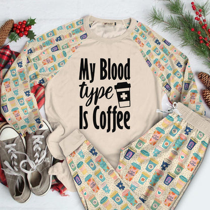 Coffee Set Blood Type Pajama Set |Sleepwear Pjs Sets | Raglan Shirt Pants Set