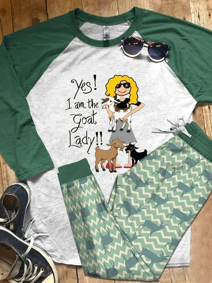 Goat Yes I Me Goat Lady Green Best Pajama Set |Sleepwear Pjs Sets | Raglan Shirt Pants Set