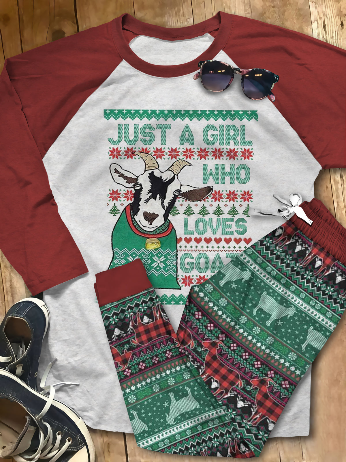 Goat Just A Girl Who Loves Goats Green Good Pajama Set |Sleepwear Pjs Sets | Raglan Shirt Pants Set