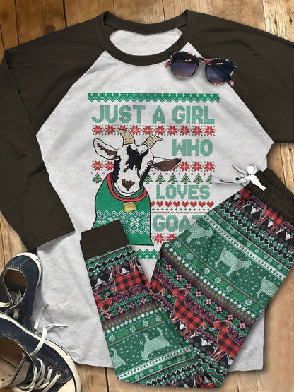 Goat Just A Girl Who Loves Goats Green Good Pajama Set |Sleepwear Pjs Sets | Raglan Shirt Pants Set