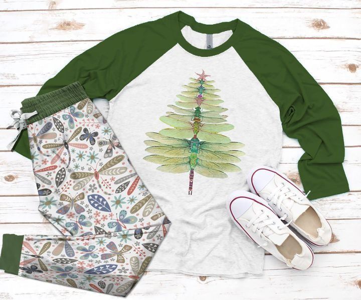 Dragonfly Christmas Tree Green Nice Pajama Set |Sleepwear Pjs Sets | Raglan Shirt Pants Set